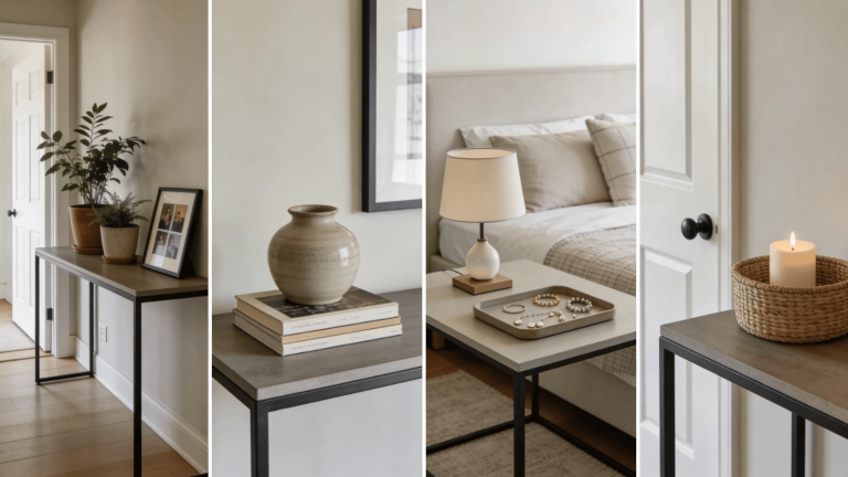 Console tables in entryway, behind sofa, dining room, and hallway showing typical placements and uses (1)