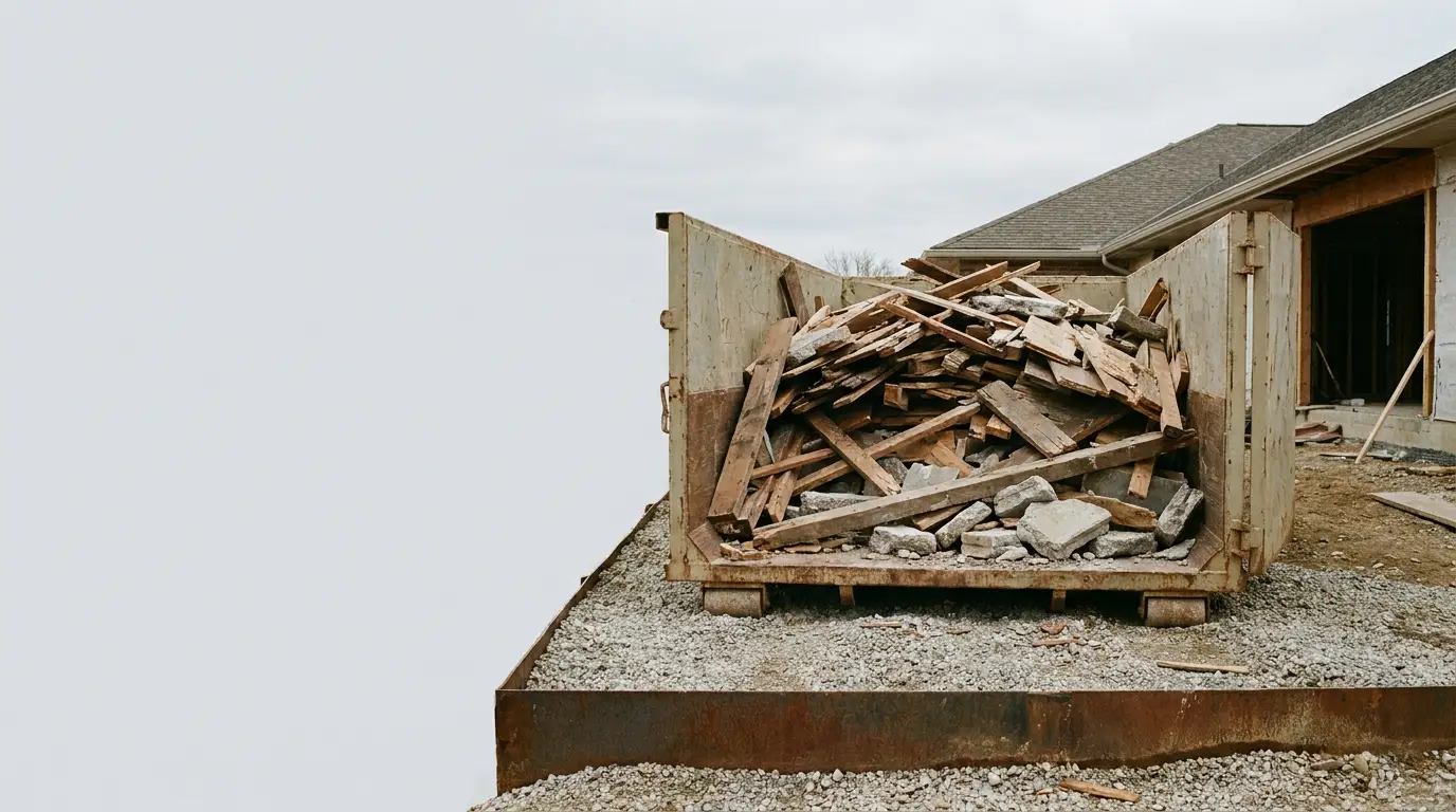 Construction debris in large open dumpster on gravel surface beside unfinished building