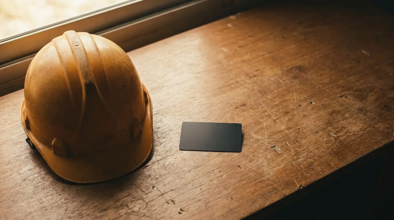 Yellow construction helmet and black card on wooden desk by window in soft light