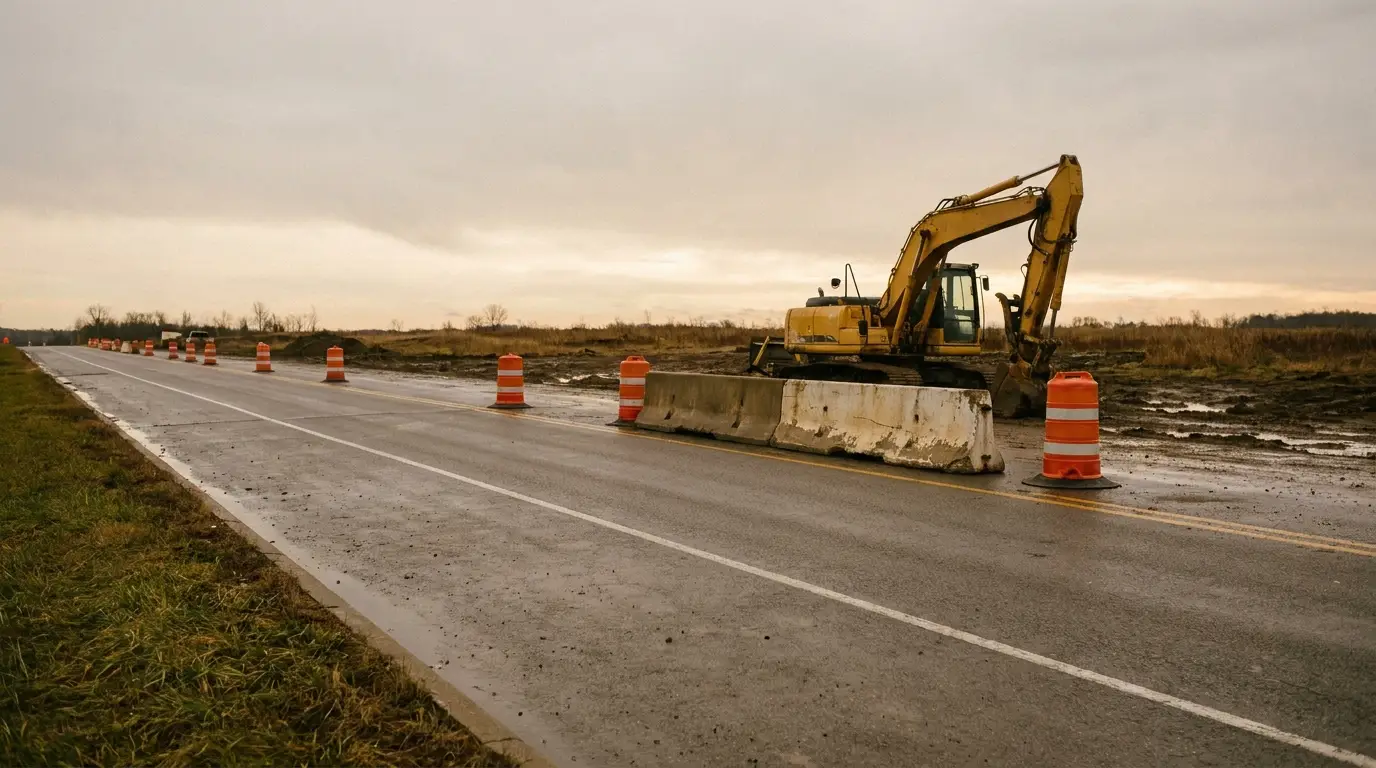 Excavator and orange road barriers on a construction site next to a paved road