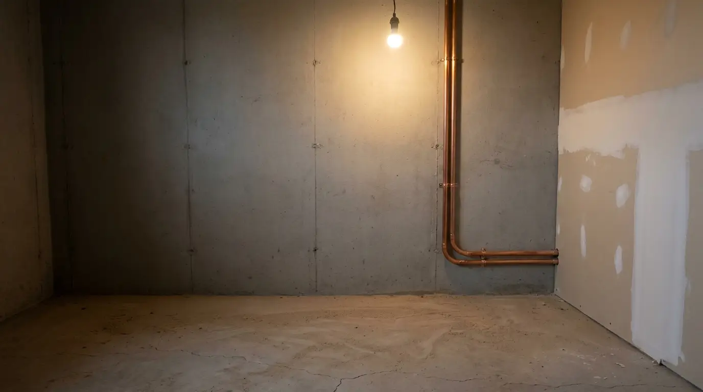 Concrete basement room with exposed copper pipes and a single hanging light bulb