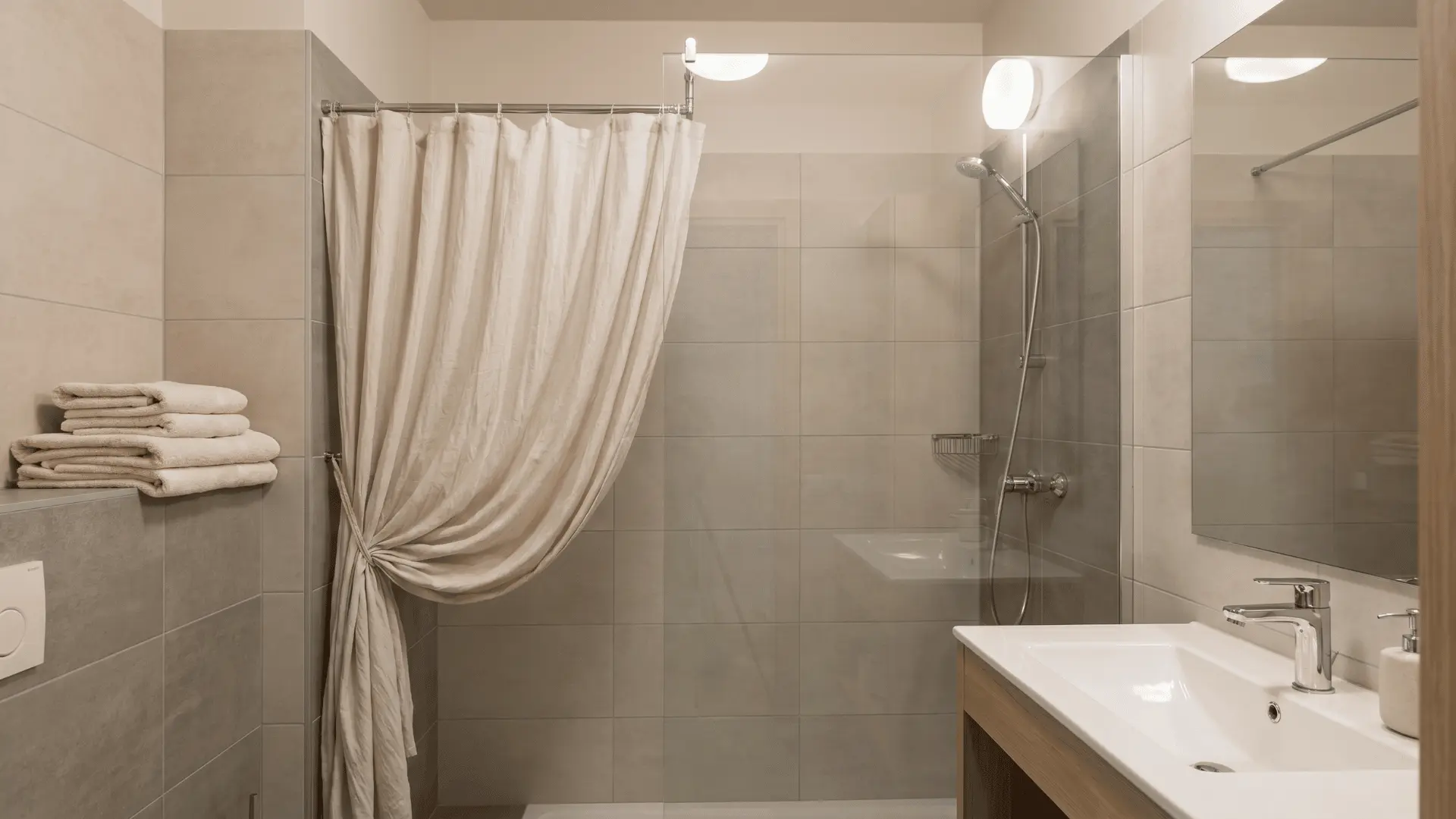Cotton shower curtain with soft texture and light patterns in a clean modern bathroom.