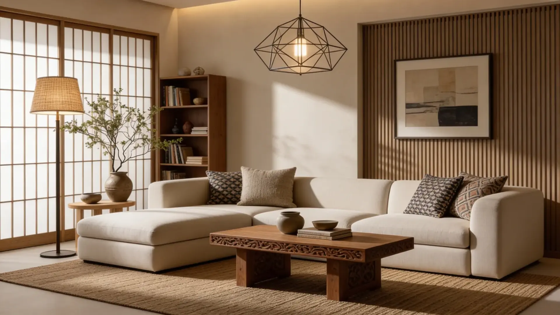 Cozy living room featuring a modern sofa, a wooden coffee table with intricate carvings, and soft lighting.