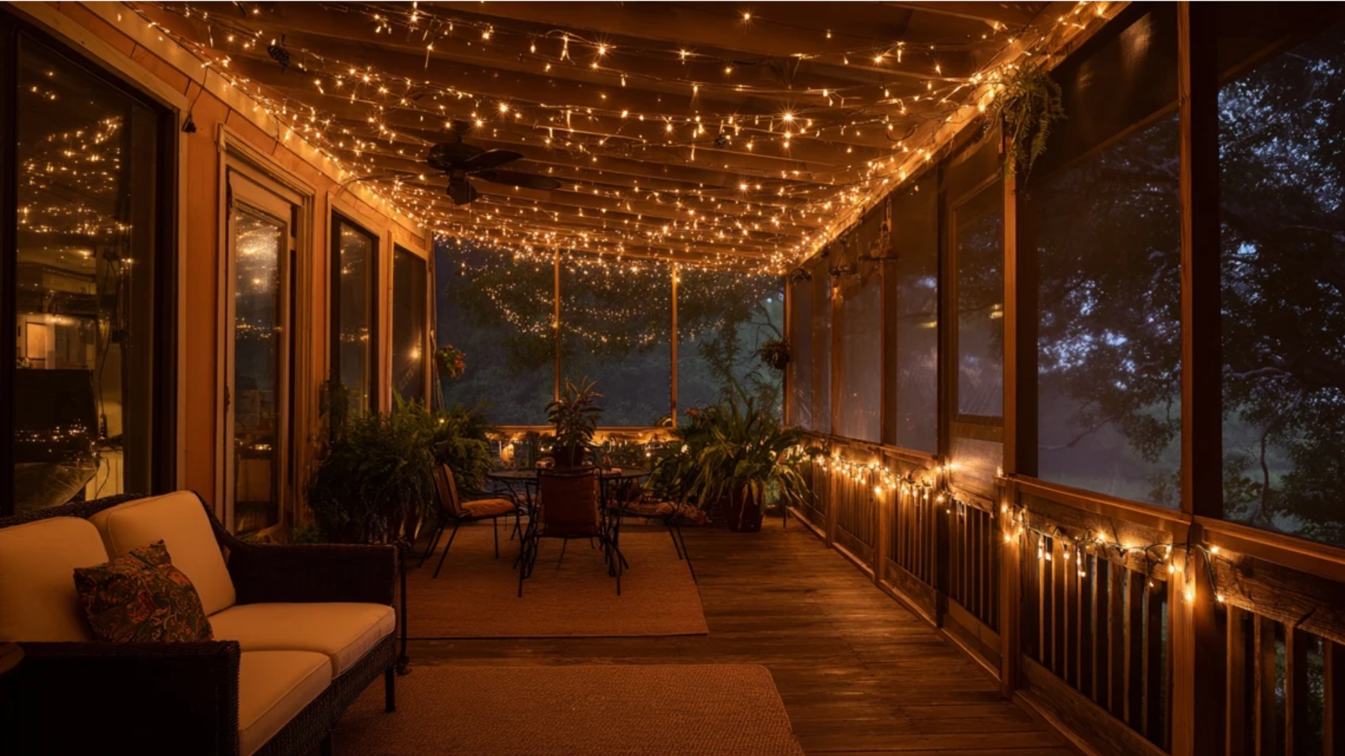 cozy screened porch at night with warm golden string lights draped across the ceiling creating a soft inviting glow