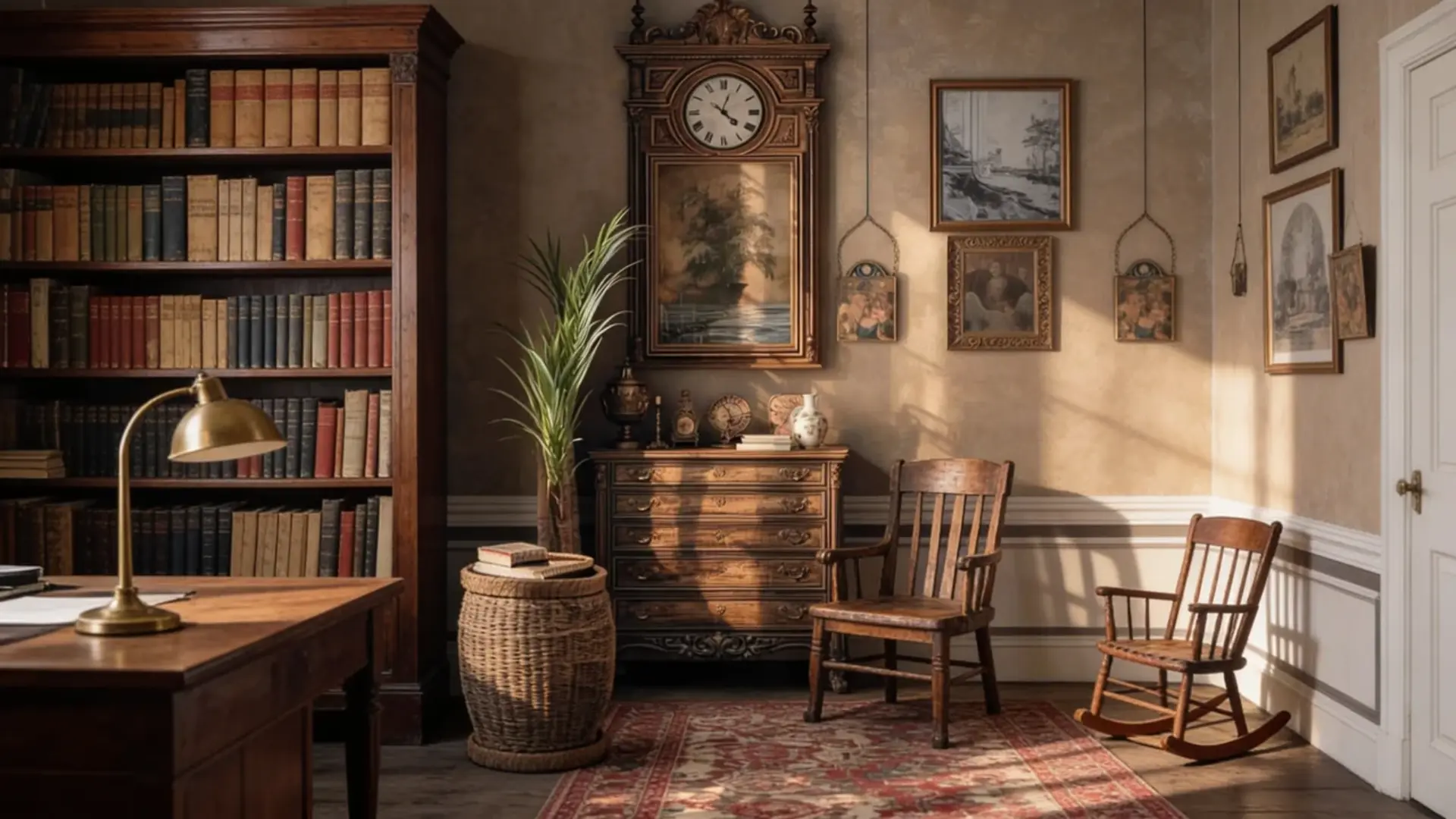 Cozy, vintage study with bookshelves, antique furniture, and a classic grandfather clock.