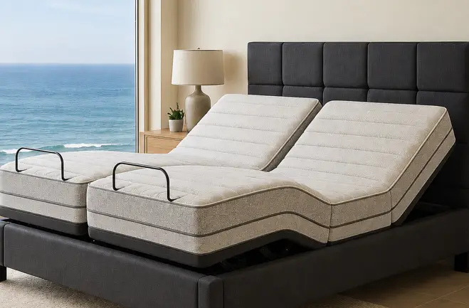 Adjustable bed with raised headrests in modern bedroom overlooking ocean view