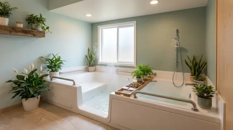 Spacious bathroom with walk-in bathtub and potted plants under soft lighting