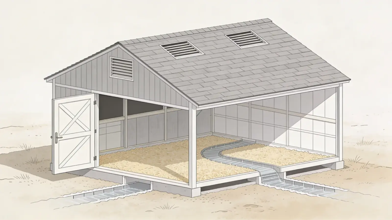 Cutaway duck house showing sloped roof, ventilation gaps, raised floor, and access door for cleaning
