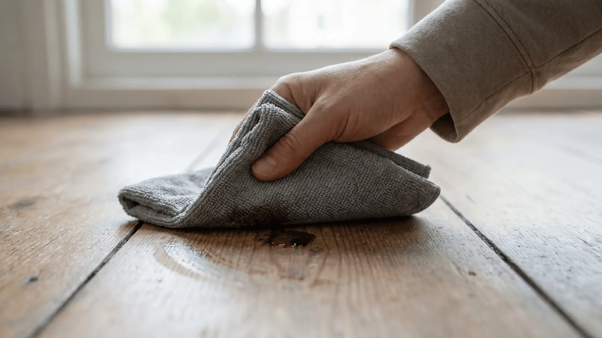 Damp microfiber cloth removing a small sticky spot from hardwood floor