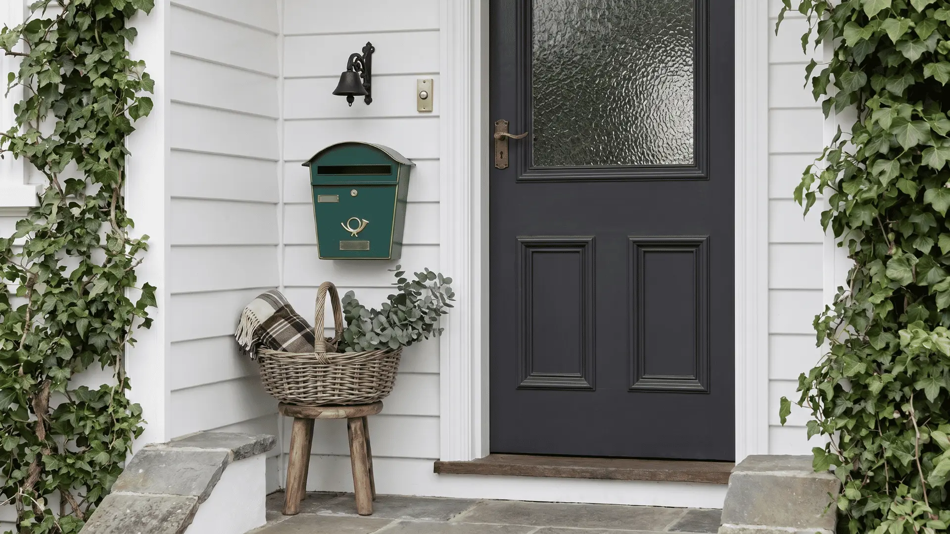 decorative doorbell and mail holder near door