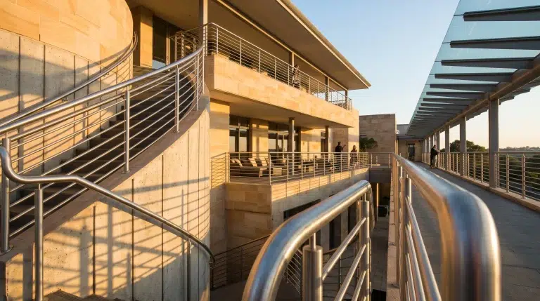 Modern building exterior with metal railings and glass canopy under warm sunlight