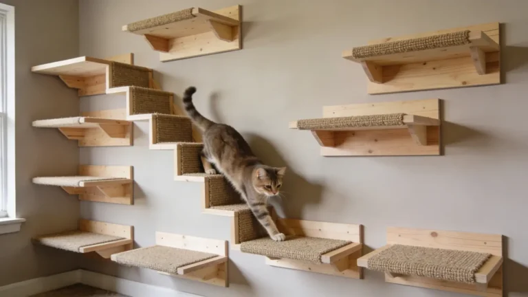 DIY cat shelves on a wall with a cat climbing between plywood shelves with carpeted surfaces.