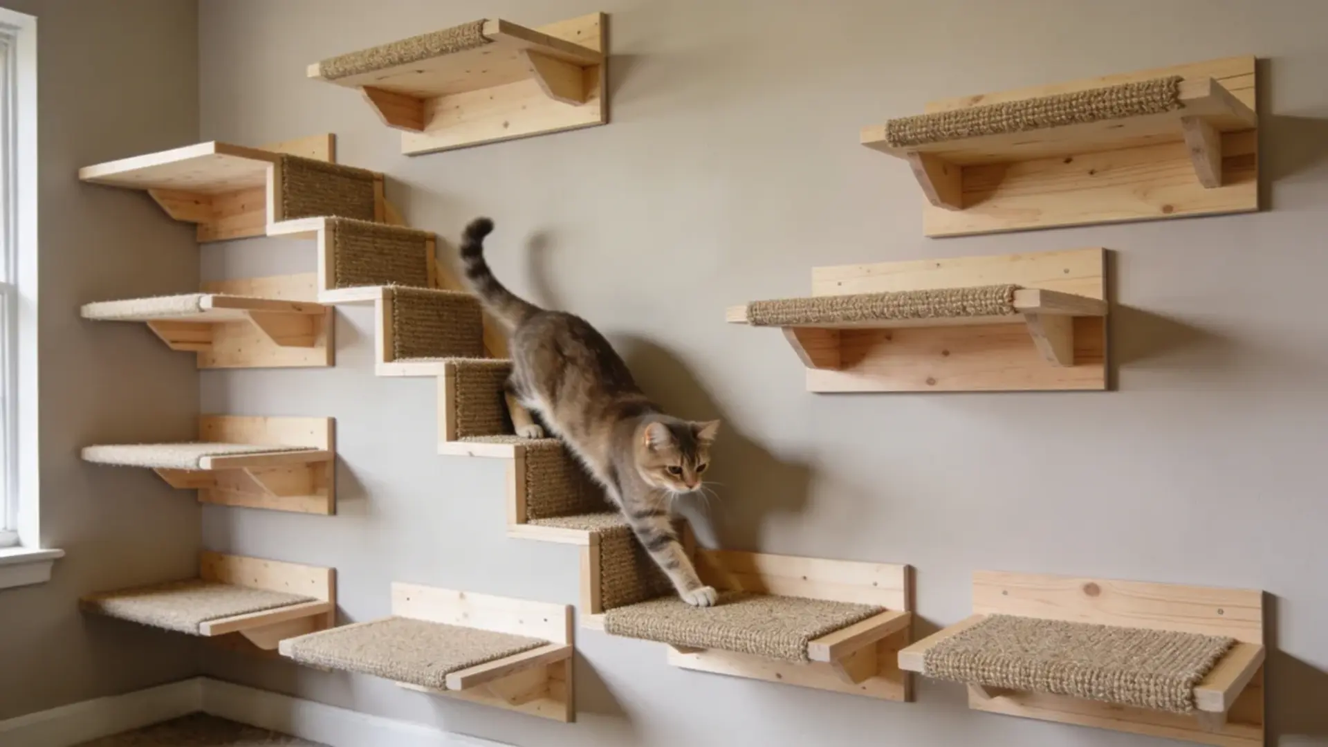 DIY cat shelves on a wall with a cat climbing between plywood shelves with carpeted surfaces.