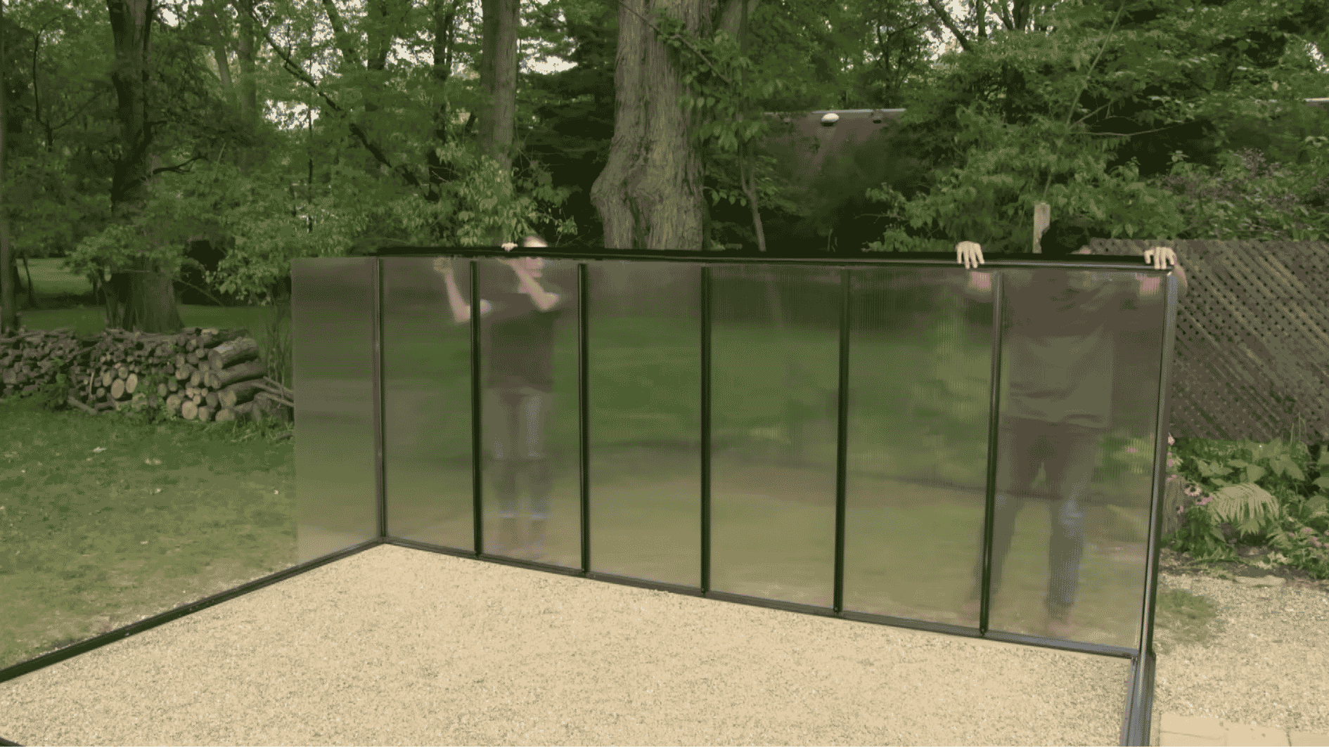 DIY greenhouse frame for a leveled base prepared for frame construction.