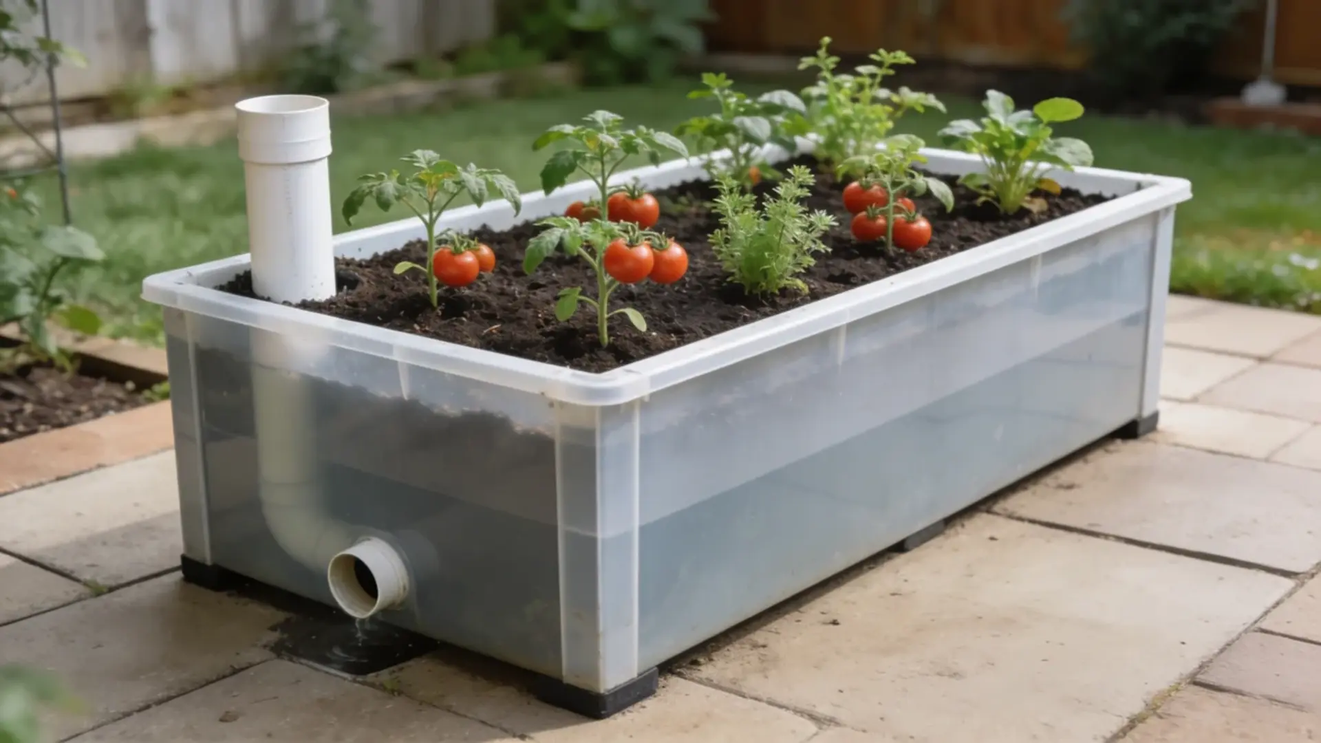 DIY self-watering planter with tomotoes growing in a raised container.
