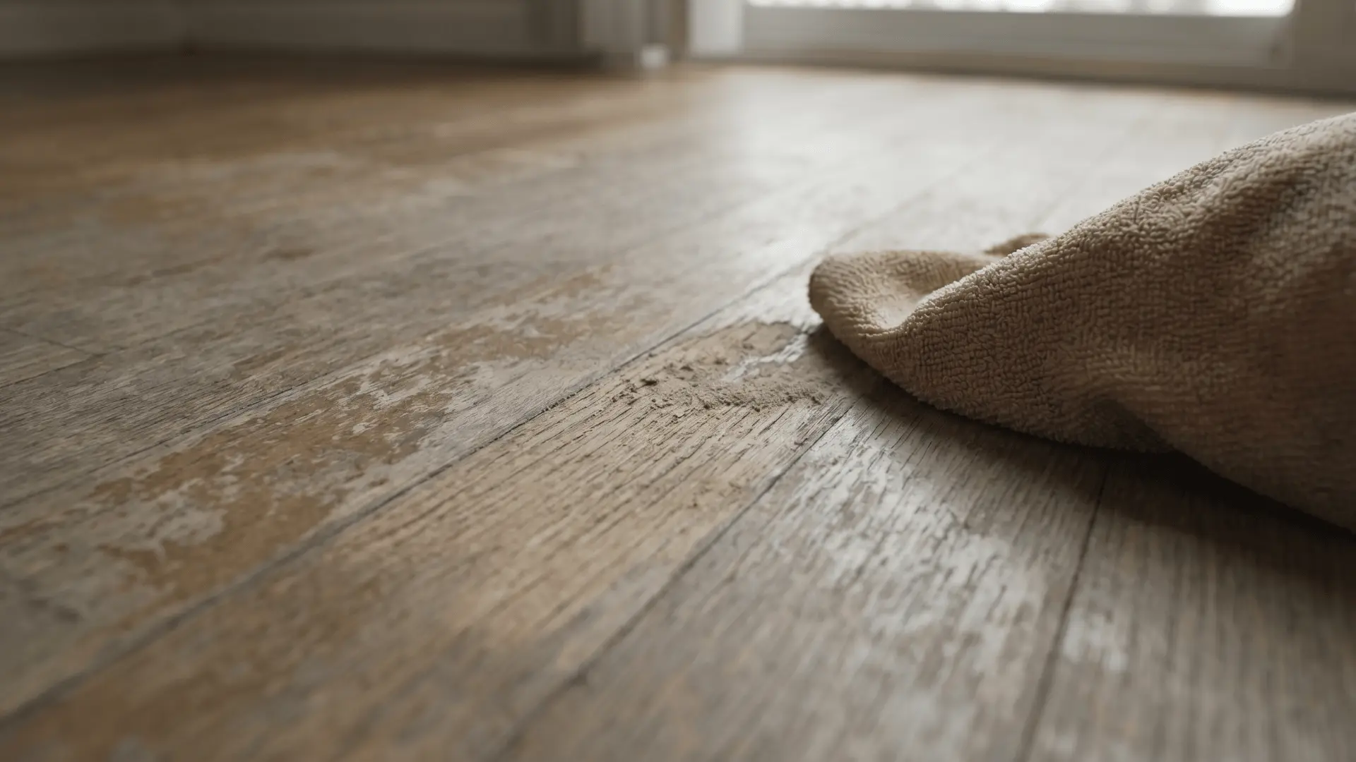 Dry cloth wiping worn hardwood floor with visible dull patches