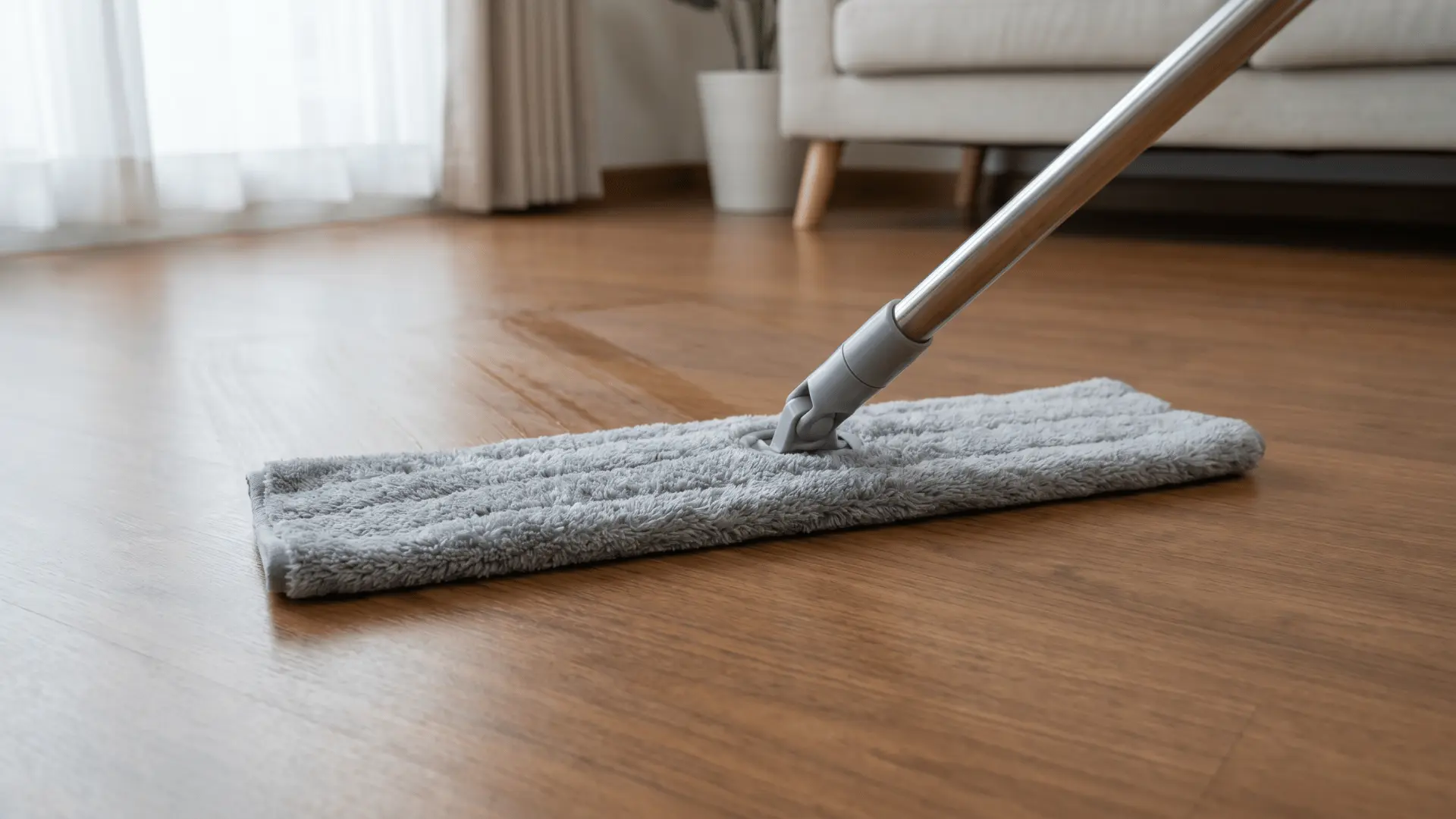 Dry mop wiping hardwood floor to remove remaining moisture