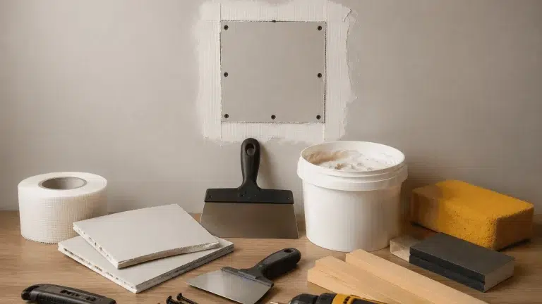 Drywall repair tools and materials, including mesh tape, utility knife, screws, and joint compound, on a wooden table in front of a patched wall.