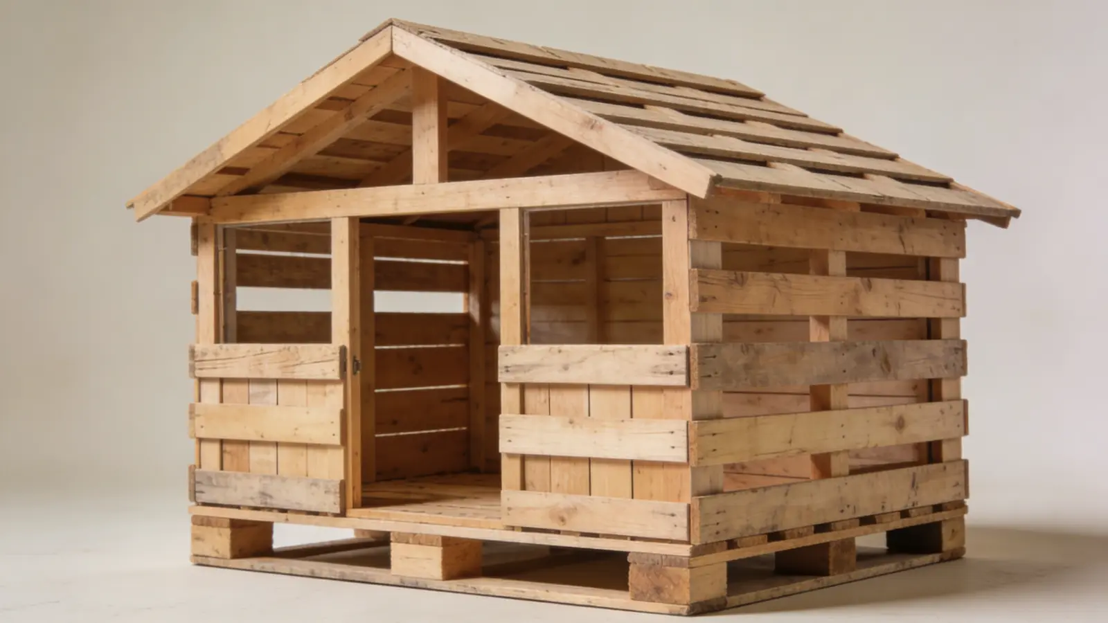 Duck house made from wooden pallets with enclosed walls and simple roof outdoors