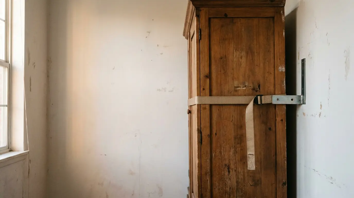Wooden wardrobe secured with strap against wall in sunlit room