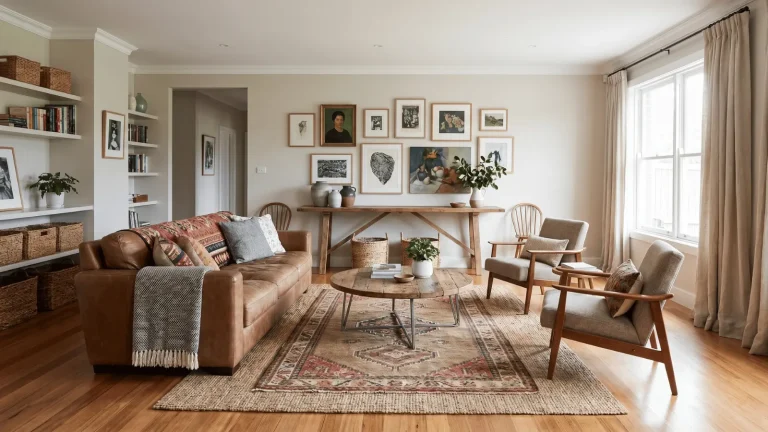 Eclectic living room with mixed furniture styles, layered textures, and balanced color palette