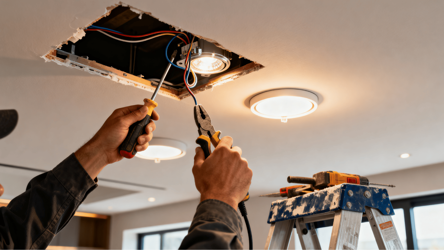 electrician installing recessed ceiling lights with exposed wiring, tools, and LED fixtures inside a modern home ceiling.