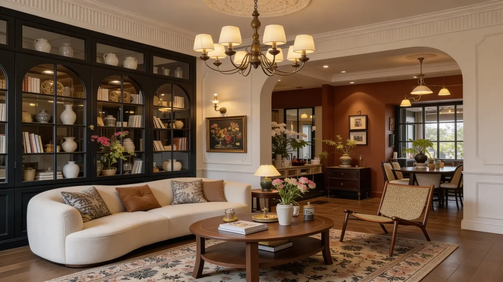 Elegant living room featuring a curved sofa, vintage chandelier, and bookshelves with decor.