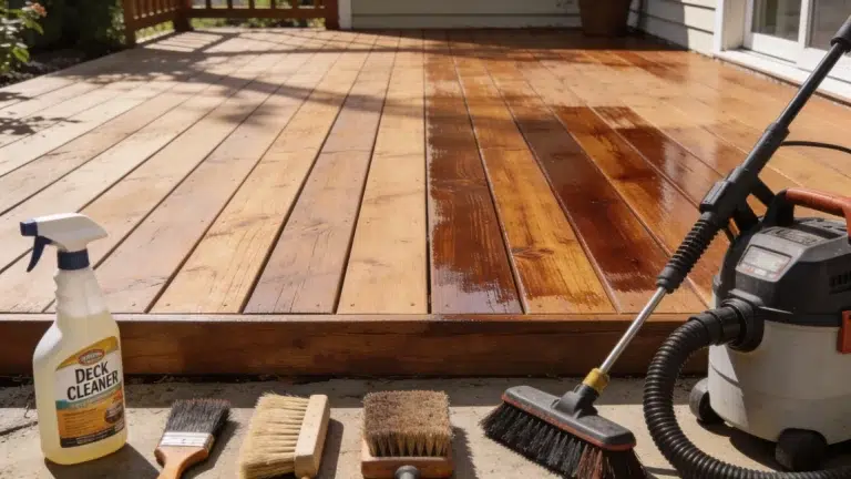 Empty wooden deck with tools like a pressure washer and deck cleaner, prepared for staining.