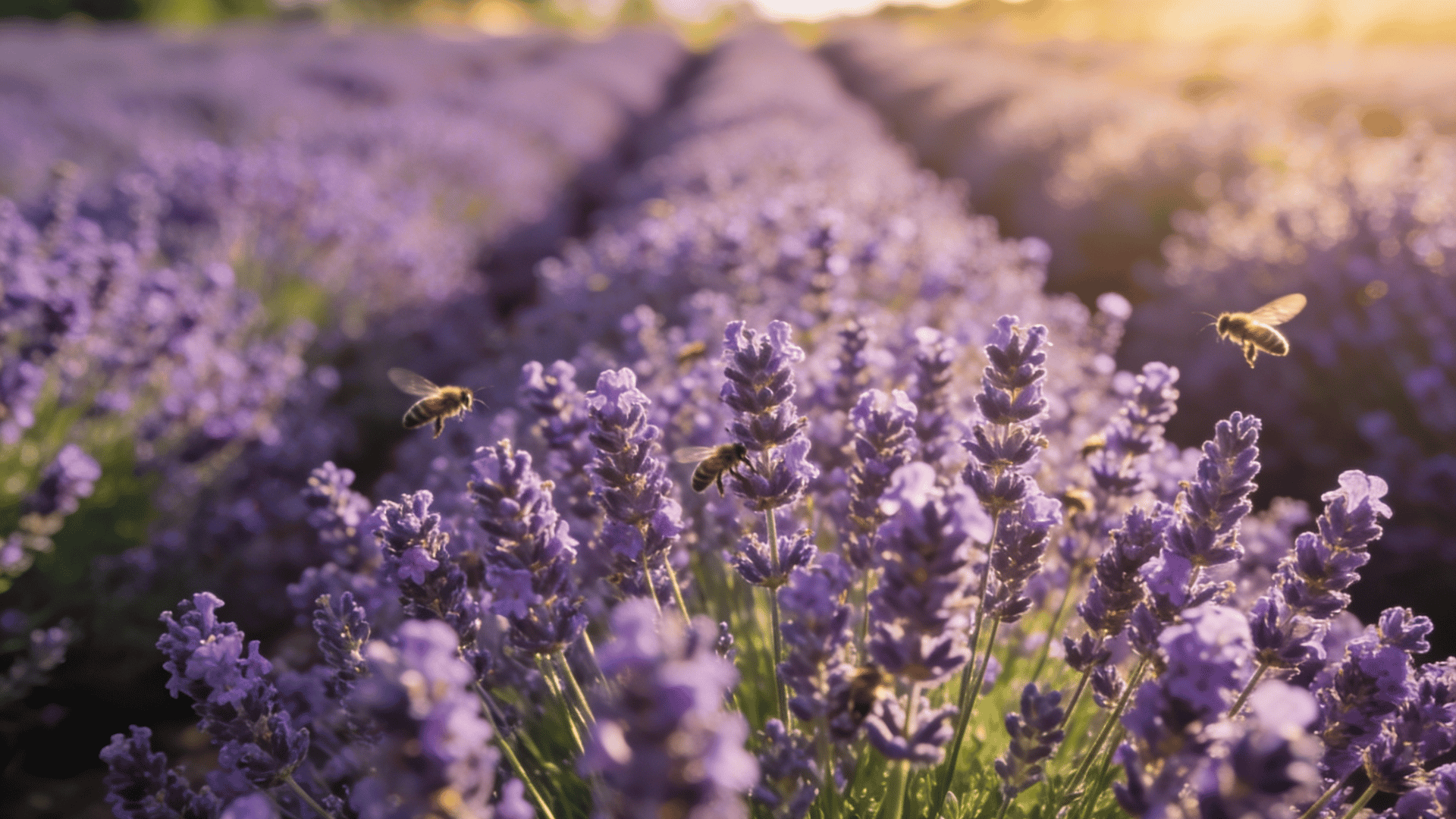 English lavender flower spikes in a field with bees flying around the blooms at sunset