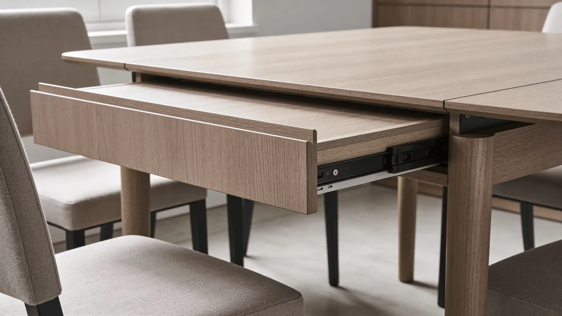 Extendable dining table with an added panel to increase seating space