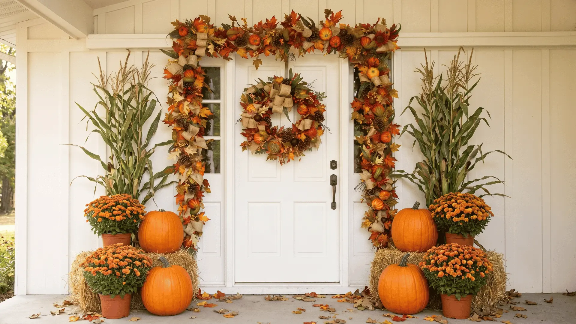Fall front door with wreath, garland, pumpkins, hay bales, and potted mums arranged symmetrically on a white porch.