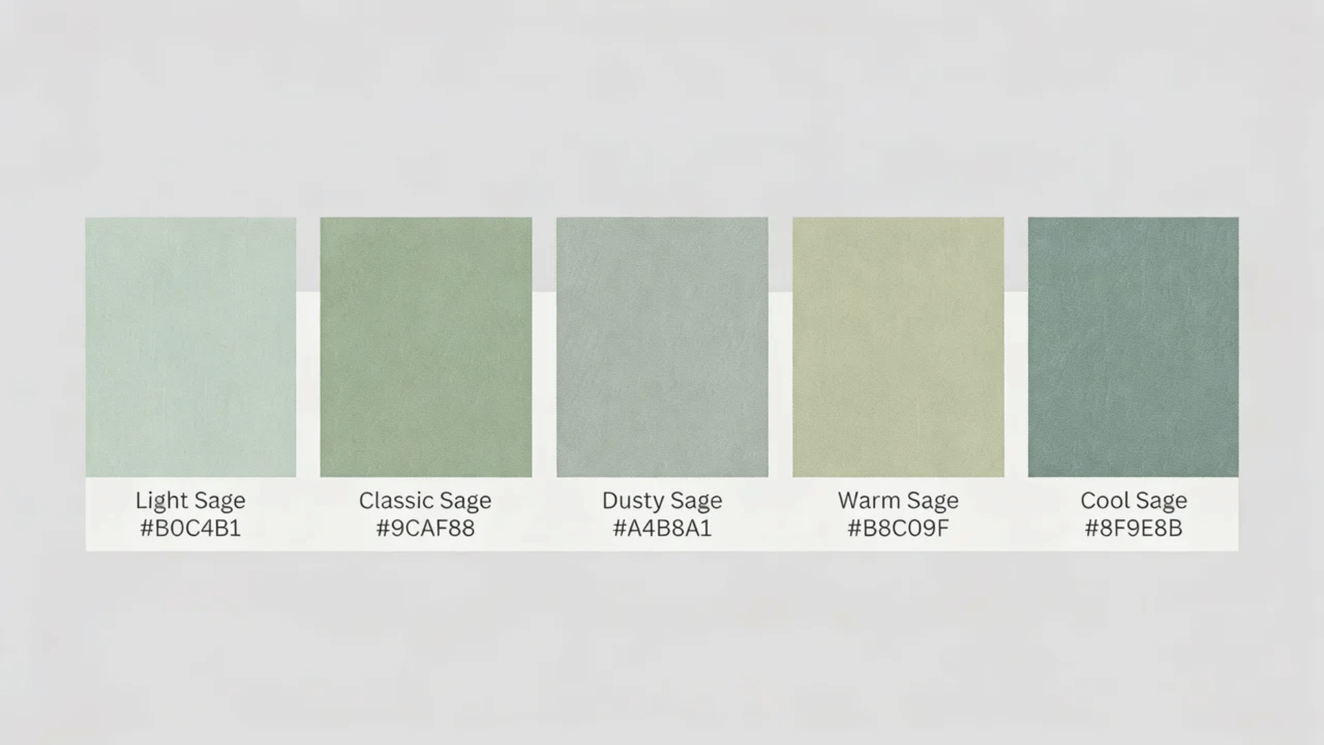 Five sage green swatches labeled Light Sage, Classic Sage, Dusty Sage, Warm Sage, and Cool Sage on a greenery background.