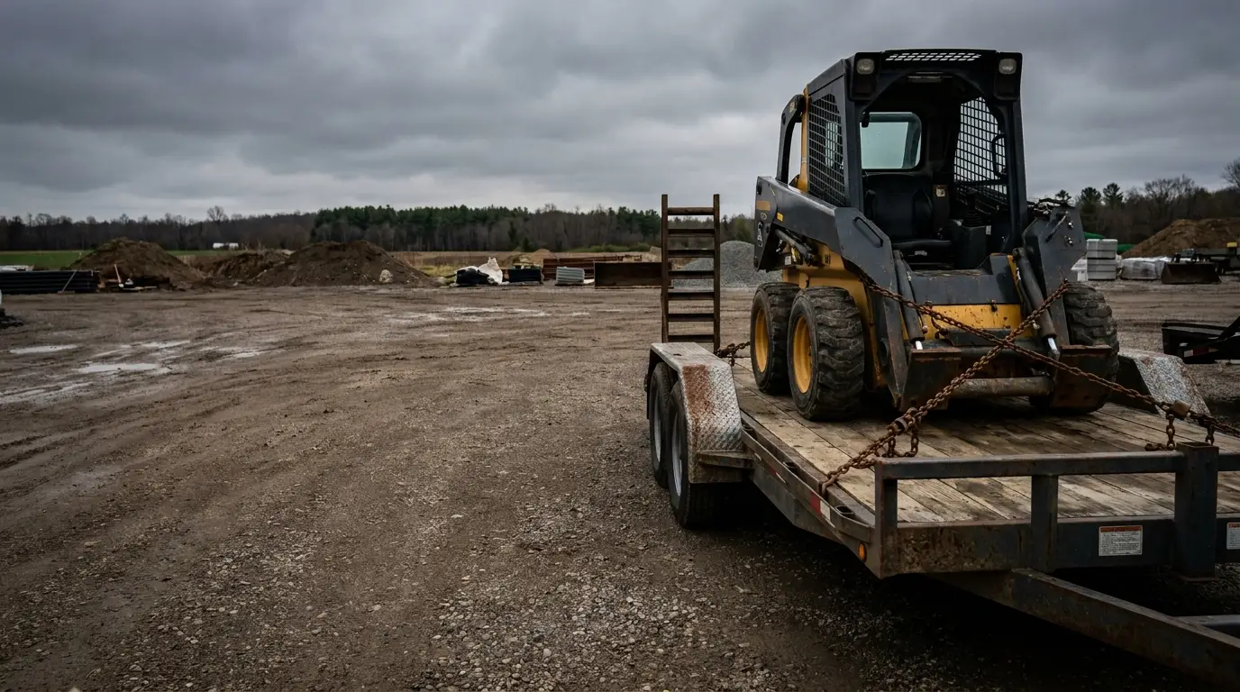 Skid steer loader secured on flatbed trailer in a gravel construction site under cloudy sky