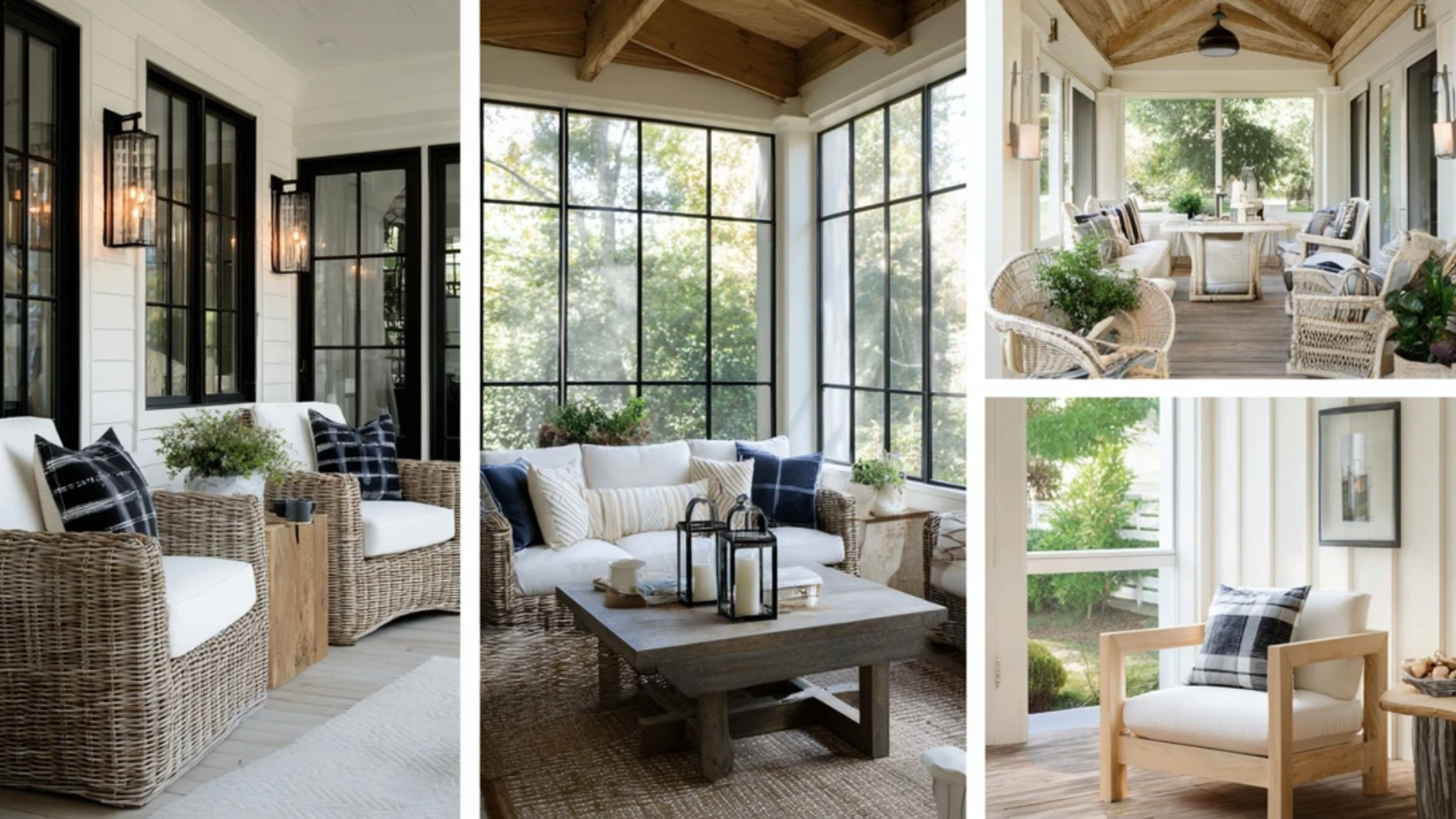 four screened porch decorating styles shown side by side including farmhouse coastal rustic and minimal modern