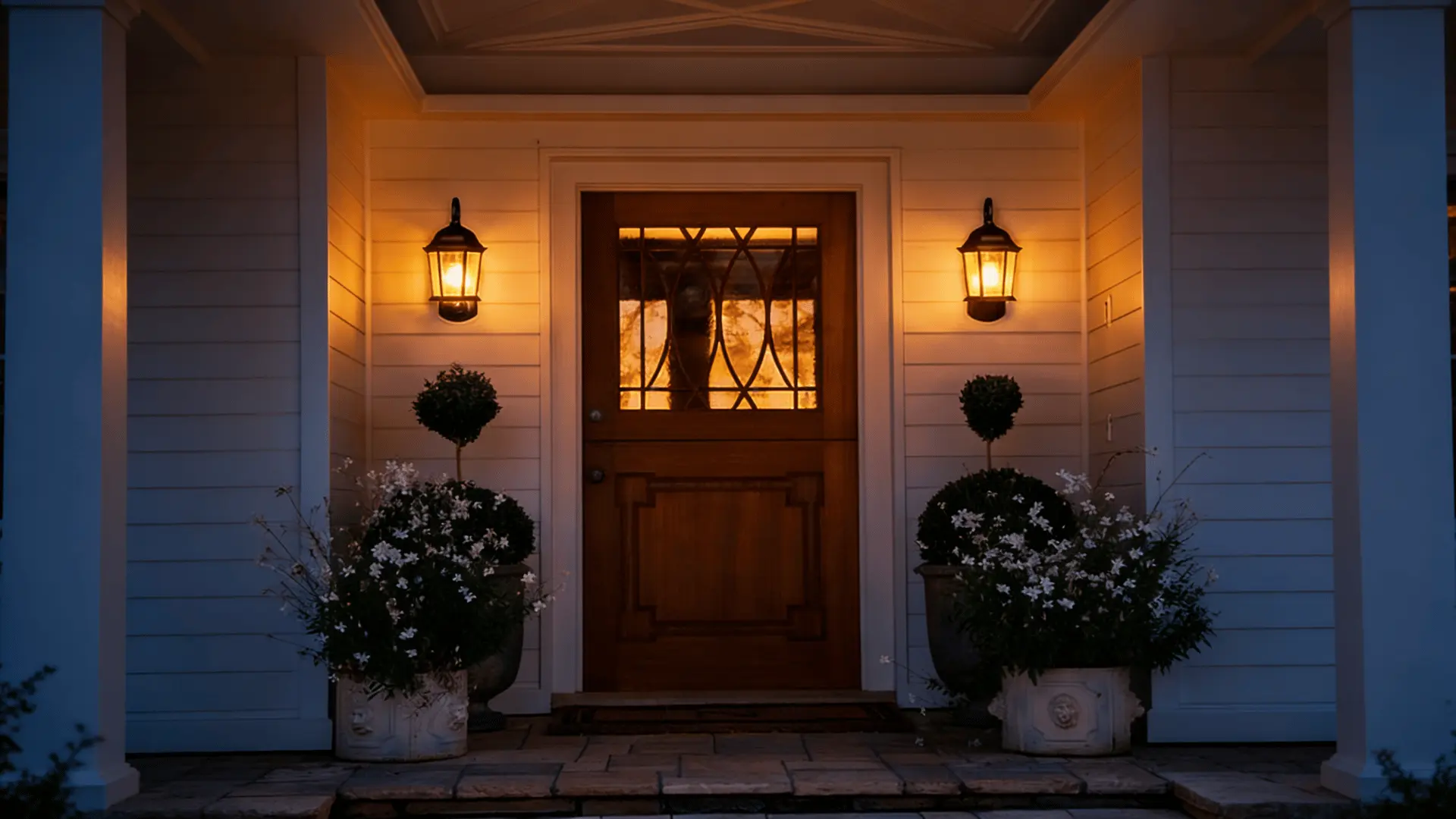 Front porch at dusk with a wooden door, warm lantern lights, and two potted plants with white flowers on either side.