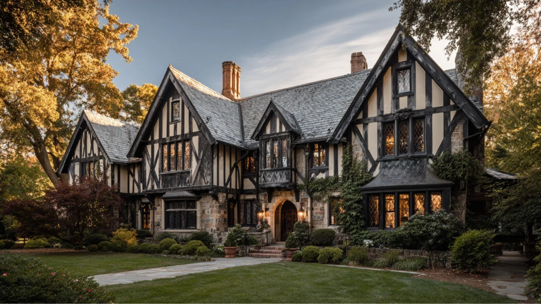 full Tudor Revival house exterior showing asymmetrical facade with off-center entrance and windows of varying sizes and heights