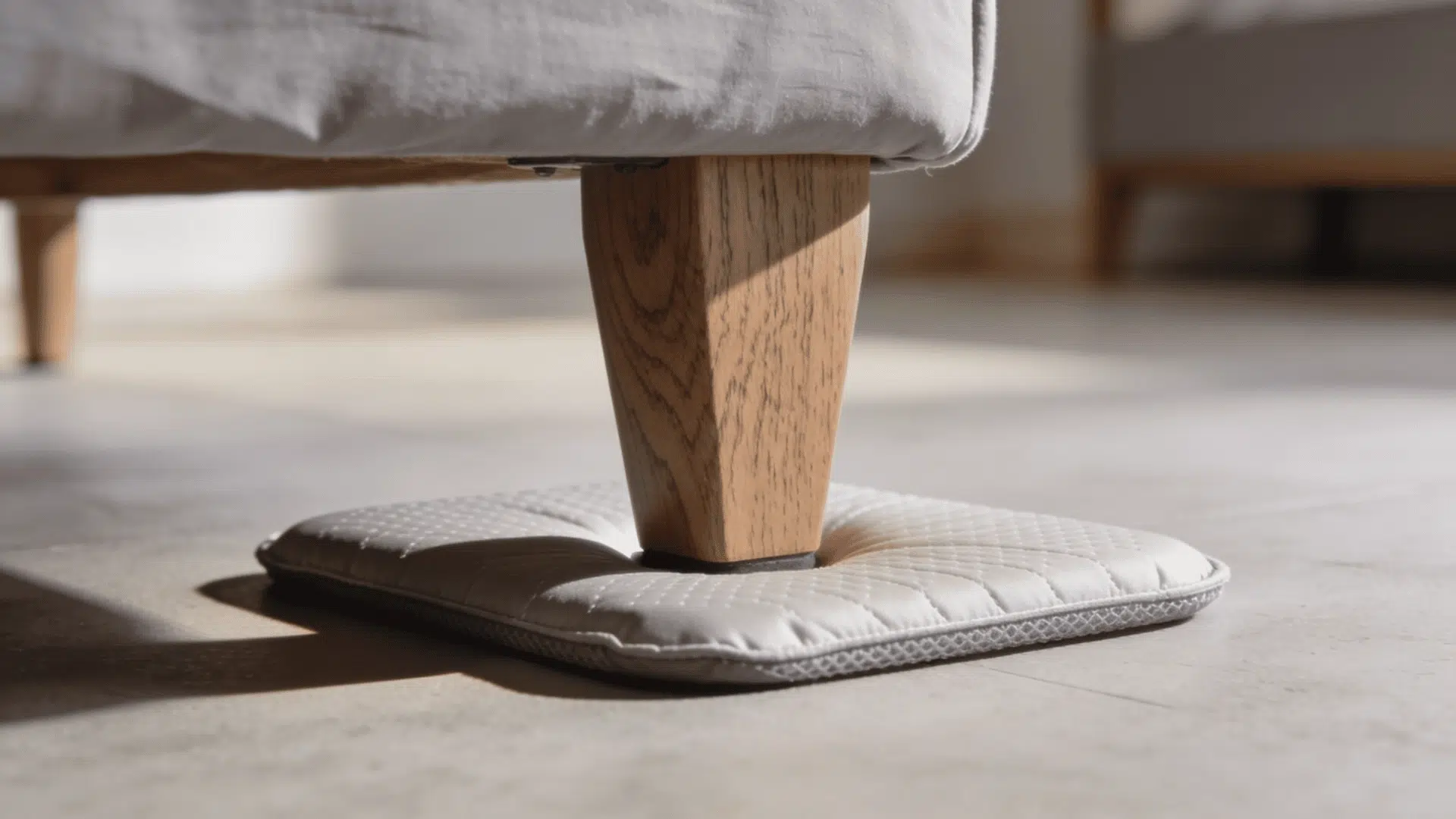 Furniture pad placed under a bed frame leg on a wooden floor.