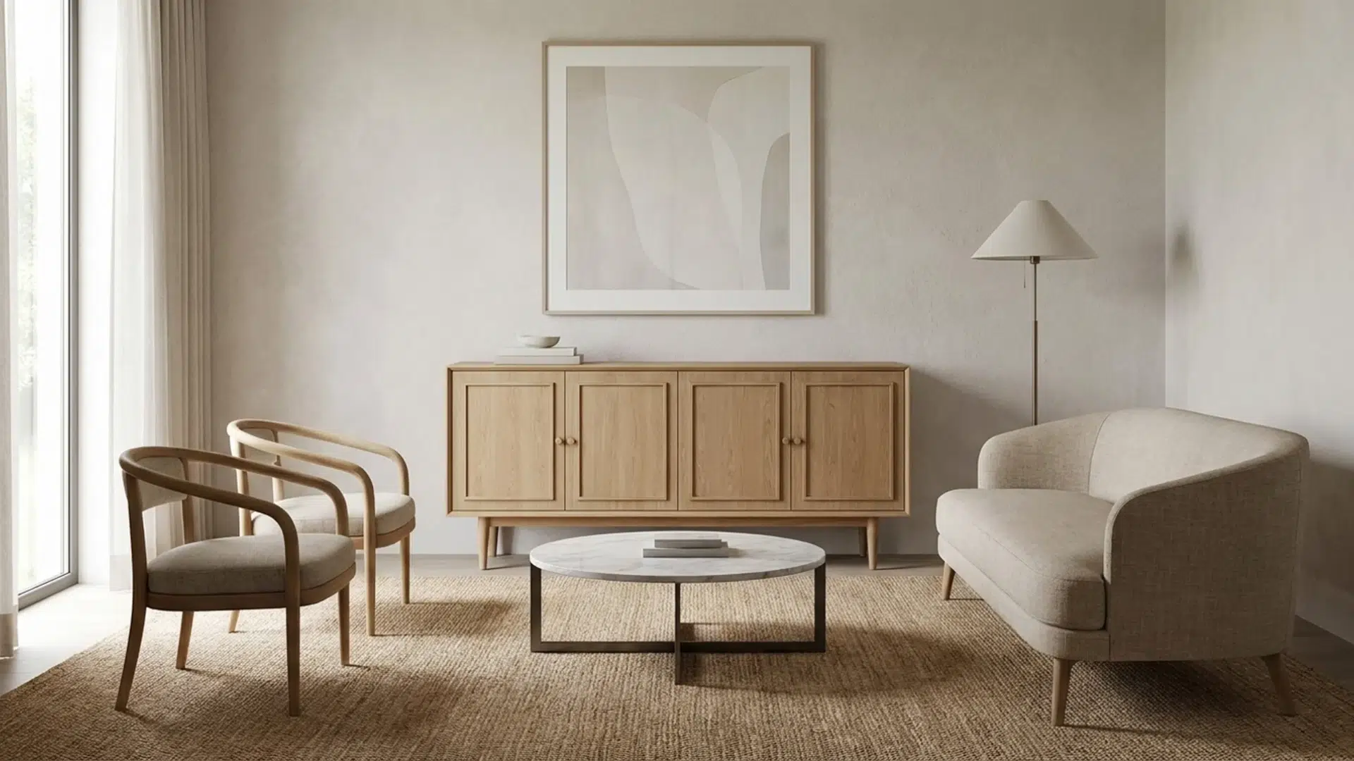 Furniture with tapered legs, simple molding, and curved edges in a room