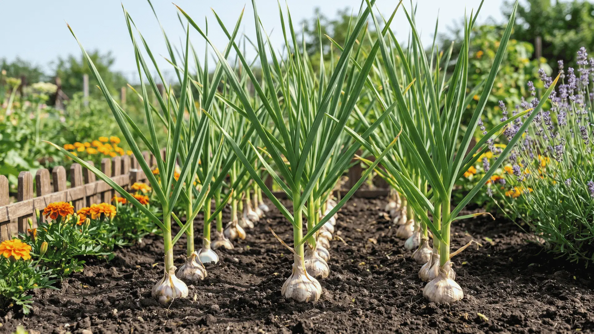 Garlic plants with green shoots and bulbs growing in soil in a vegetable garden near flowers and borders