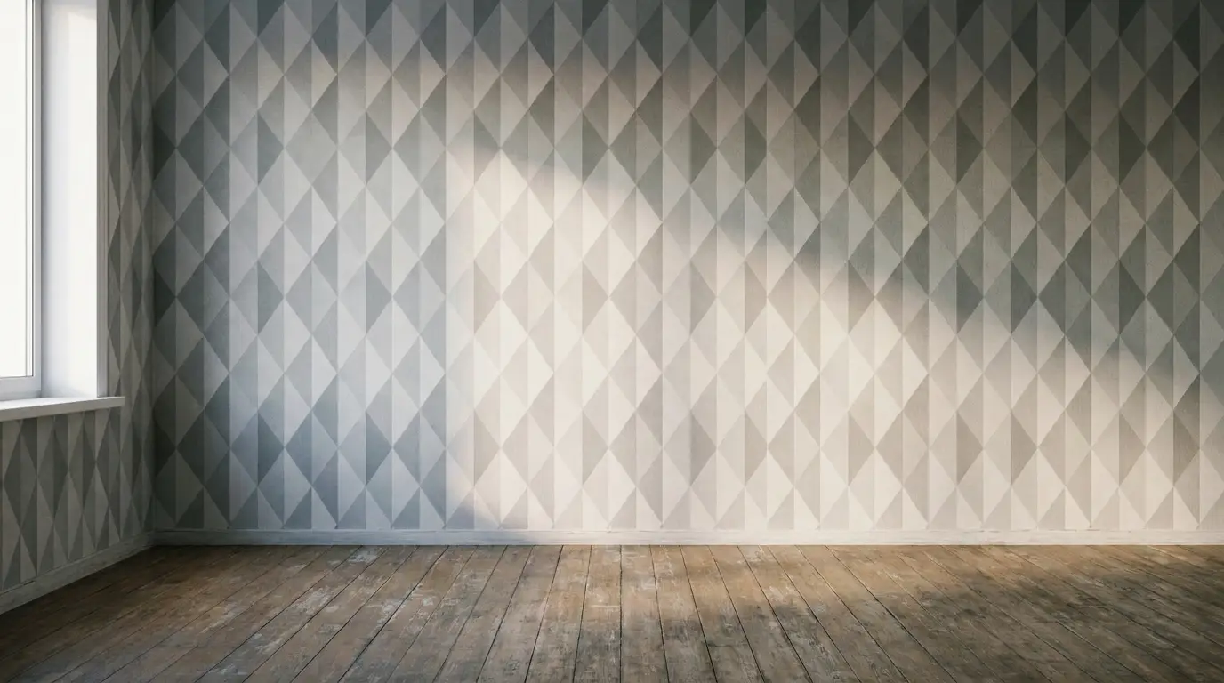 Empty room with geometric patterned wallpaper and sunlight streaming through the window onto wooden floors