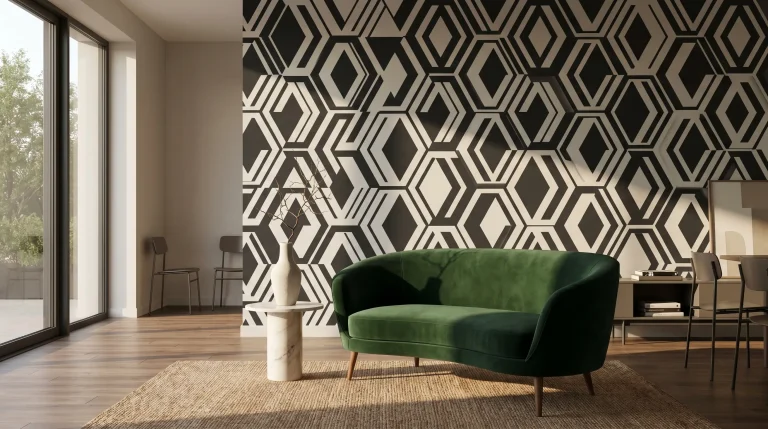 Green velvet sofa in modern living room with geometric wallpaper and natural light