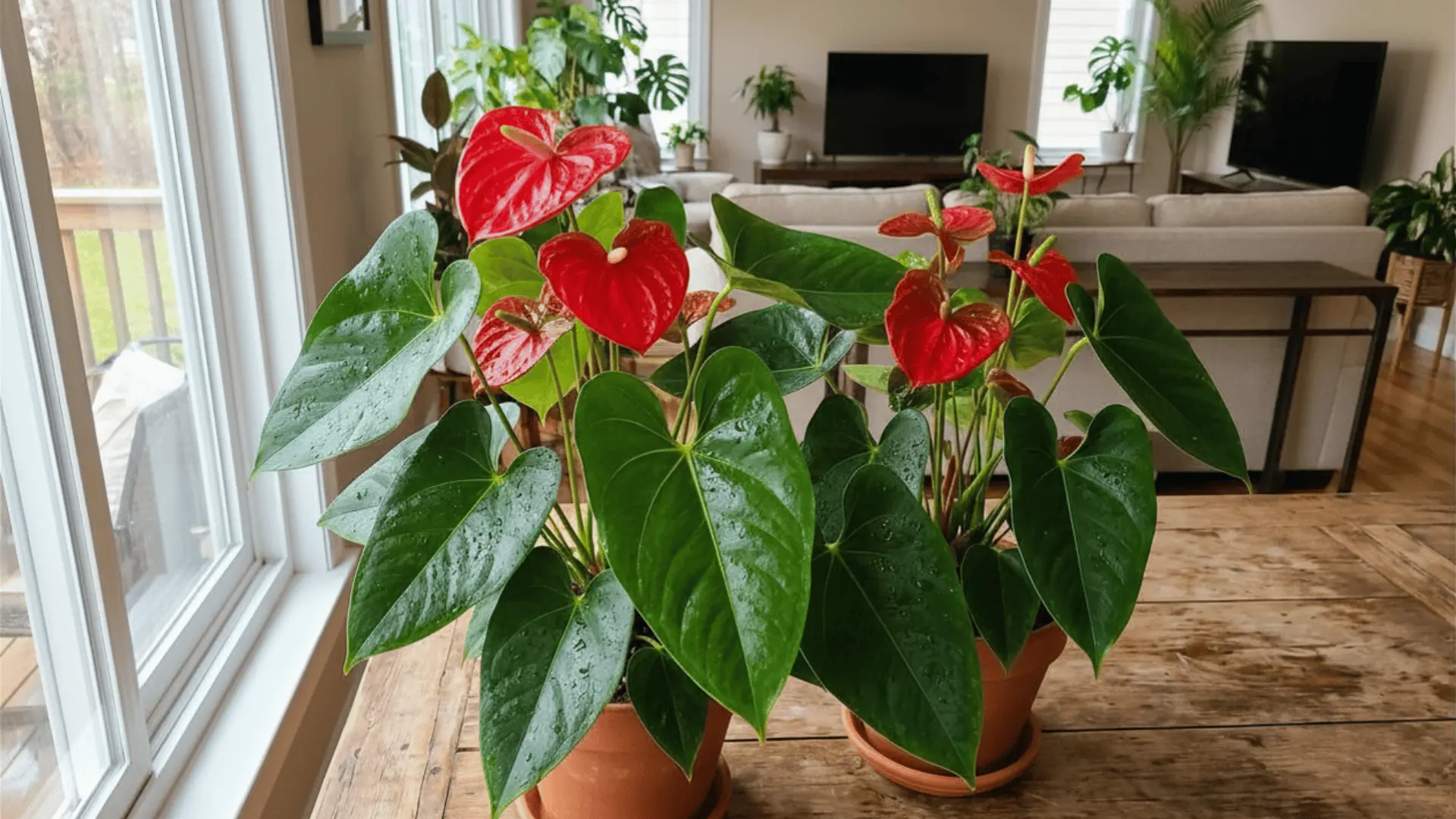 Glossy green leaves with bright red heart-shaped anthurium flowers indoors