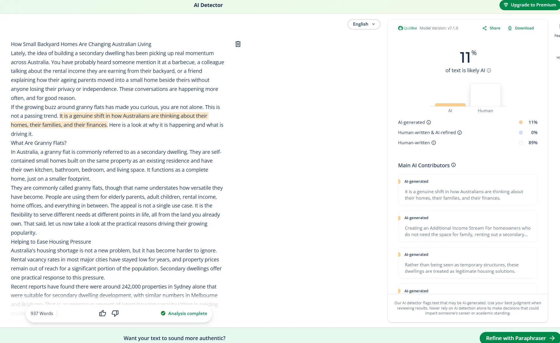 AI writing detection analysis interface with highlighted text and statistics on likely AI-generated content