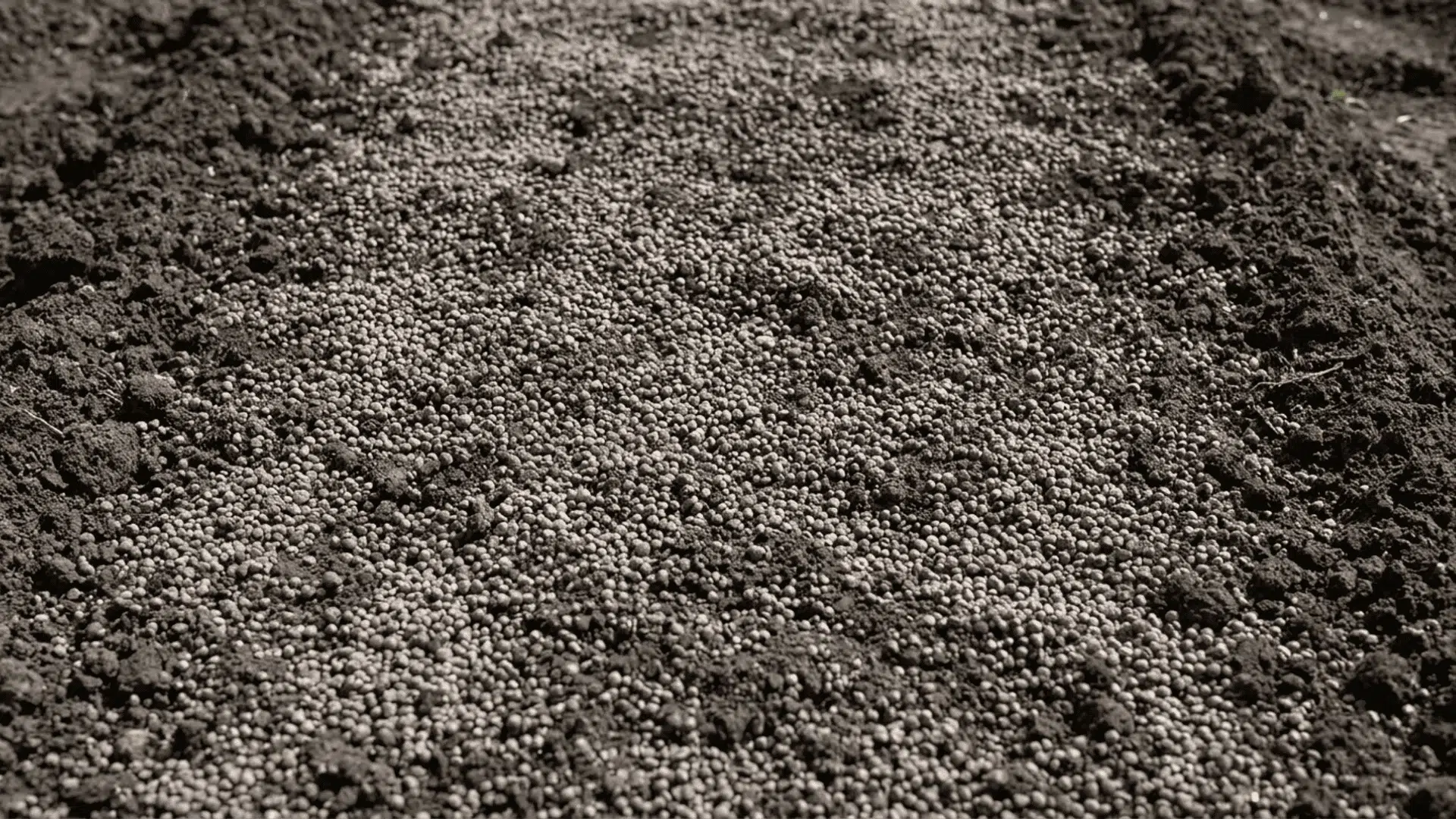 Granular fertilizer evenly spread across soil surface before lawn seeding