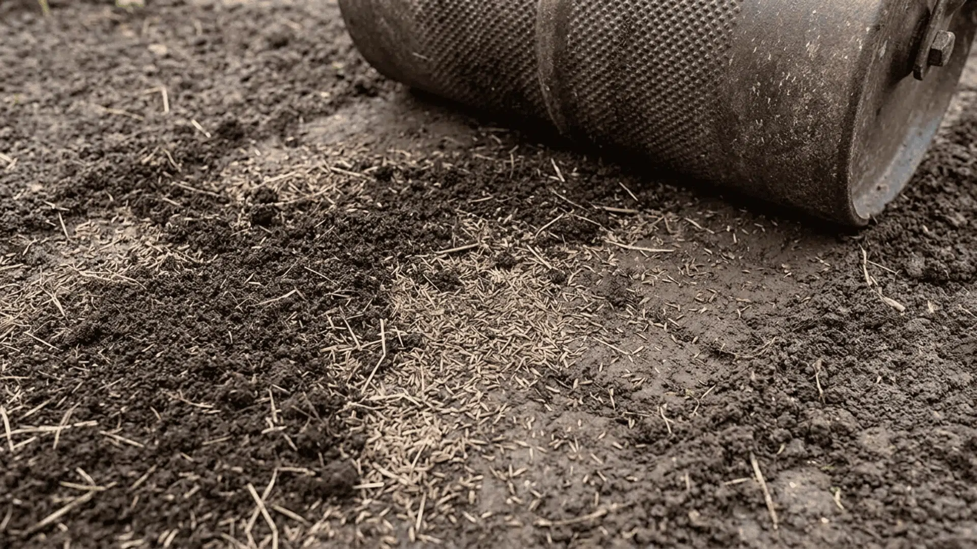 Grass seeds covered with thin compost layer and pressed into soil using lawn roller