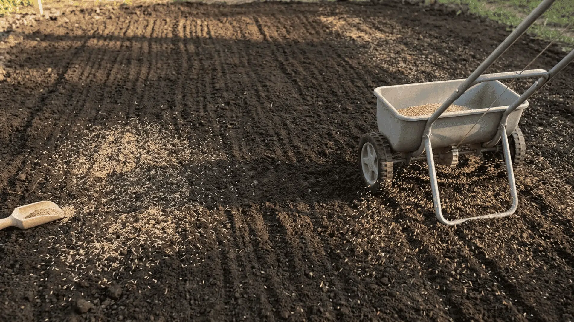 Grass seeds evenly spread across prepared soil using spreader and hand application
