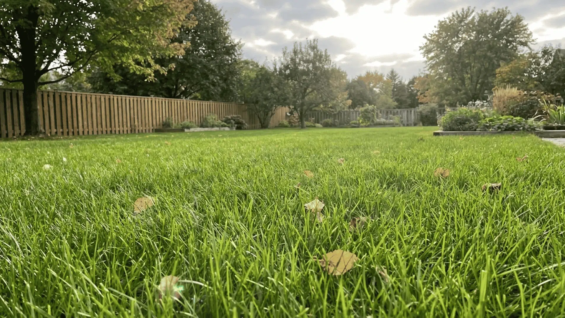 Green cool-season grass lawn growing in mild weather with soft sunlight in a yard