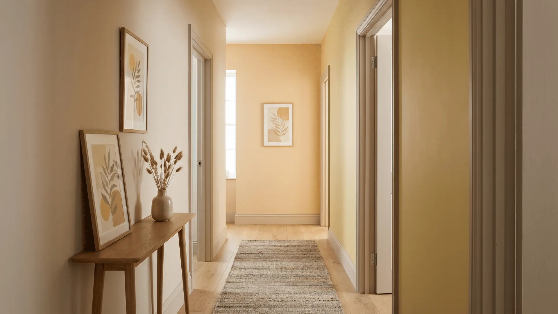 Hallway with beige, yellow-orange, and yellow walls leading between rooms.