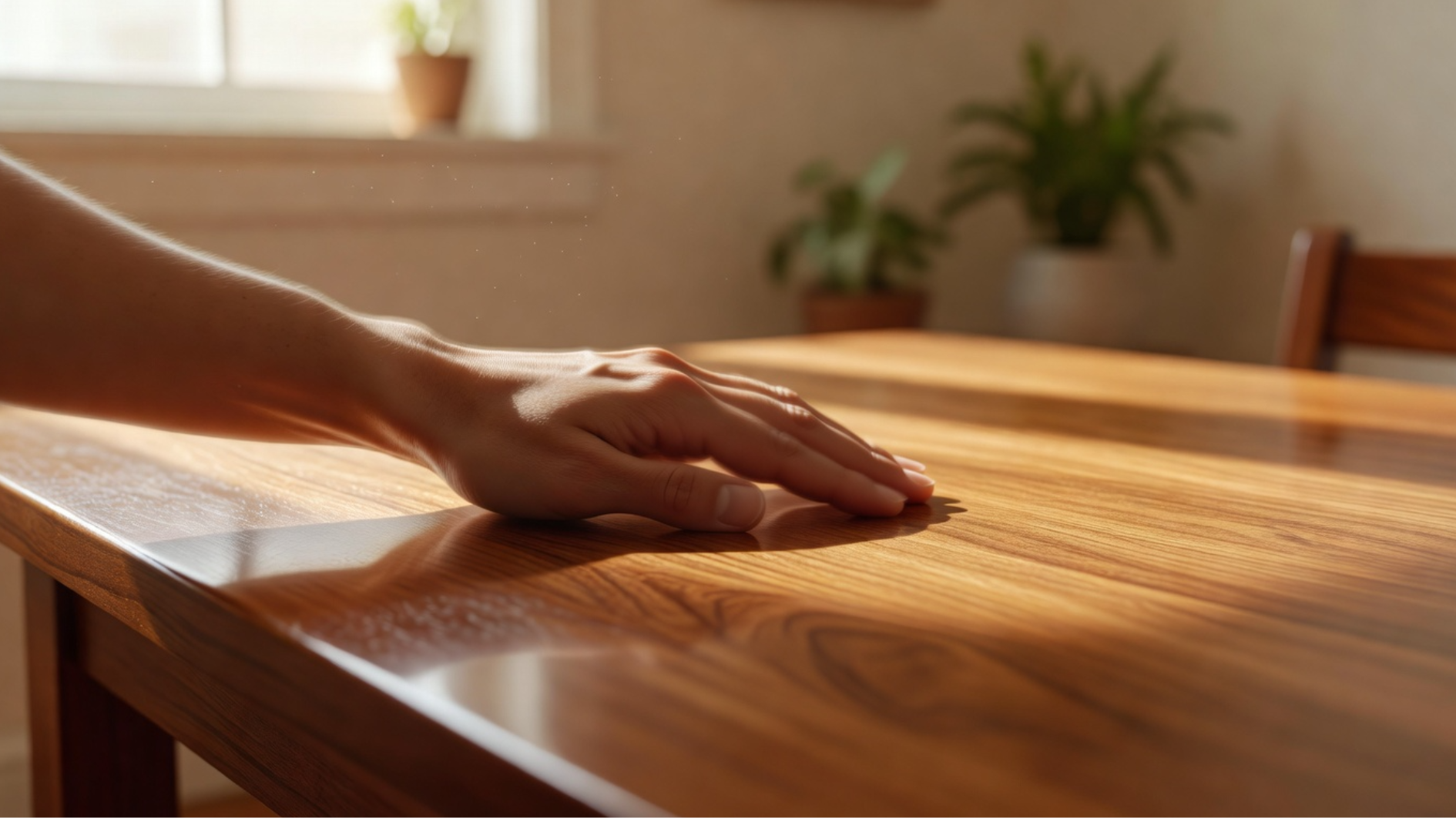 hand gliding across polished wooden table in warm sunlight