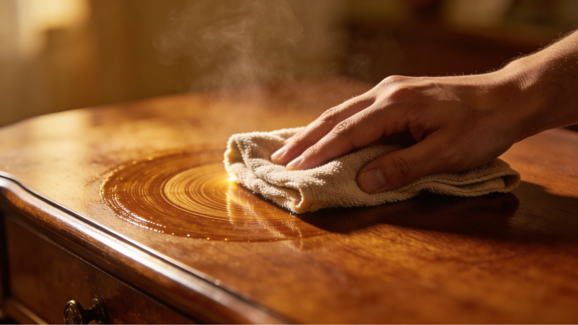 hand polishing wooden furniture surface with cloth in warm lighting